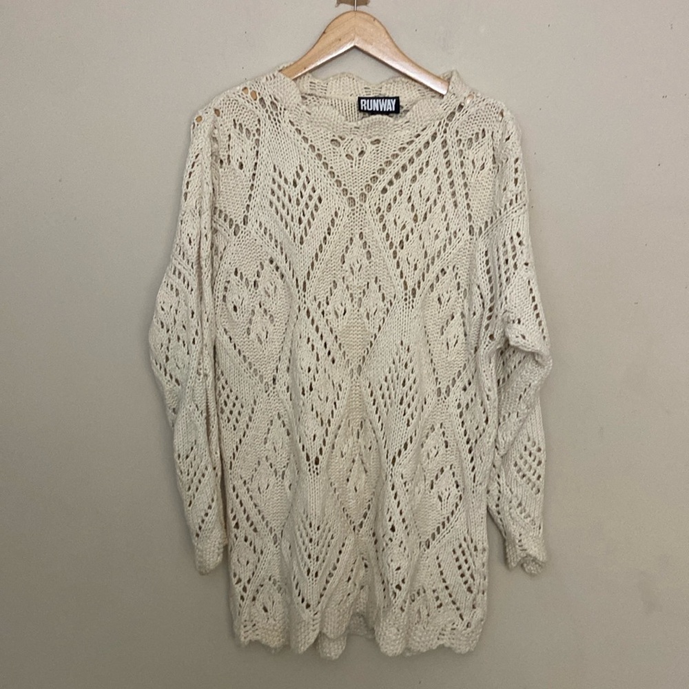 Oversized 90’s Cotton Ivory Crochet Tunic Sweater size L Boho Festival Grandma